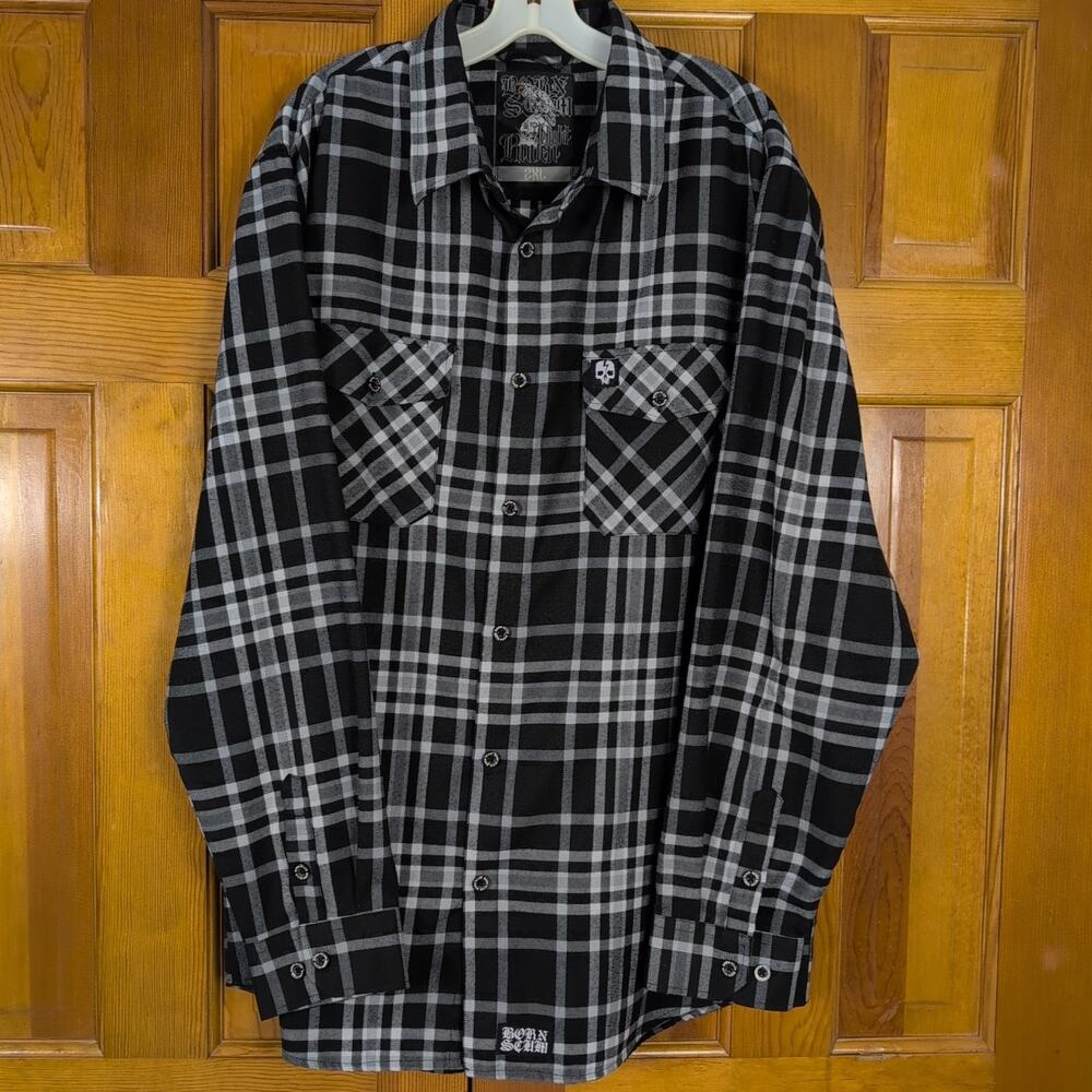 Born Scum Night Raven‎ Flannel Shirt Button Up Mens 2XL Black White Plaid Logo